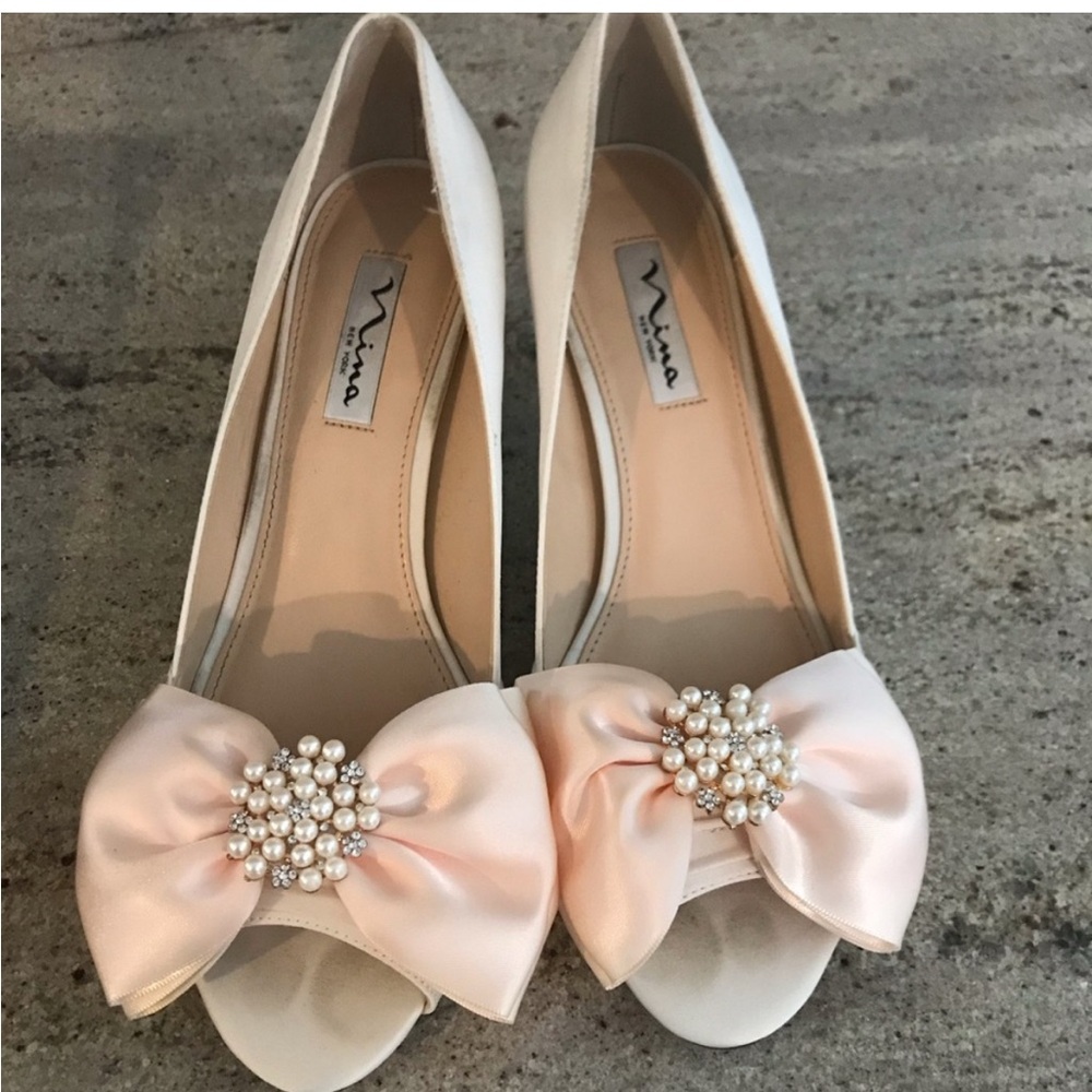 Nina Women's Cream Satin Heels with Pearl Bow